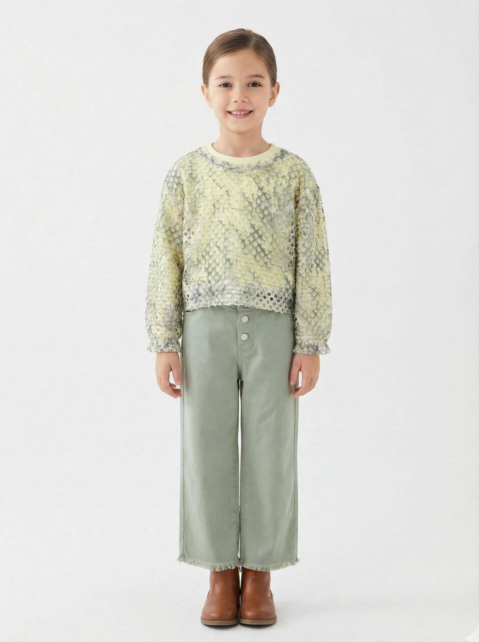 Kız Çocuk 2'li Alt Üst Kombin Takmı 5-13 Yaş SET0470 Haki - 1