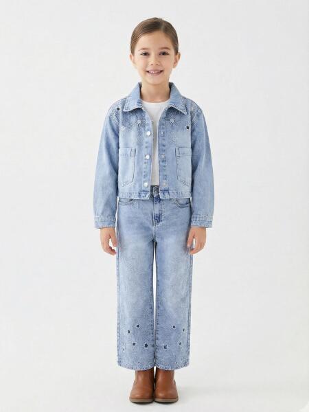 Kız Çocuk 3'lü Alt Üst Kombin Takmı 5-13 Yaş SET0480 Mavi - ESCABEL