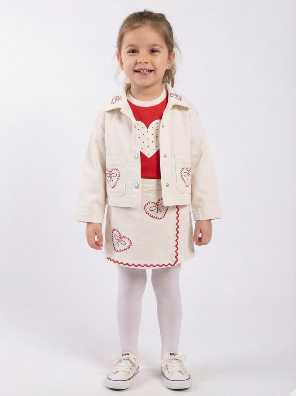 Kız Çocuk 3'lü Alt Üst Kombin Takmı 1-4 Yaş SET0482 Krem - 1