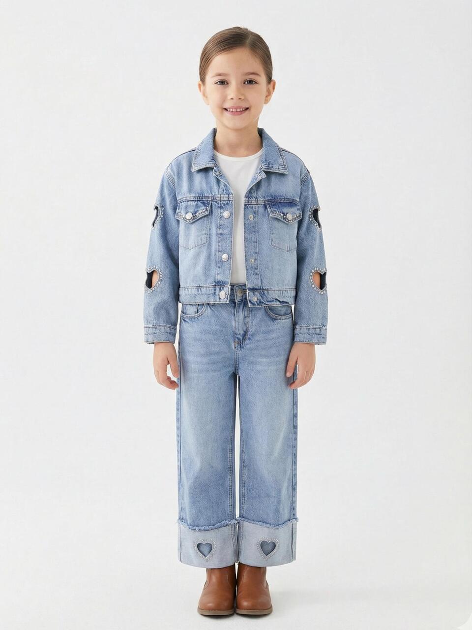 Kız Çocuk 3'lü Jean Alt Üst Kombin Takmı 5-13 Yaş SET0474 Mavi - 1