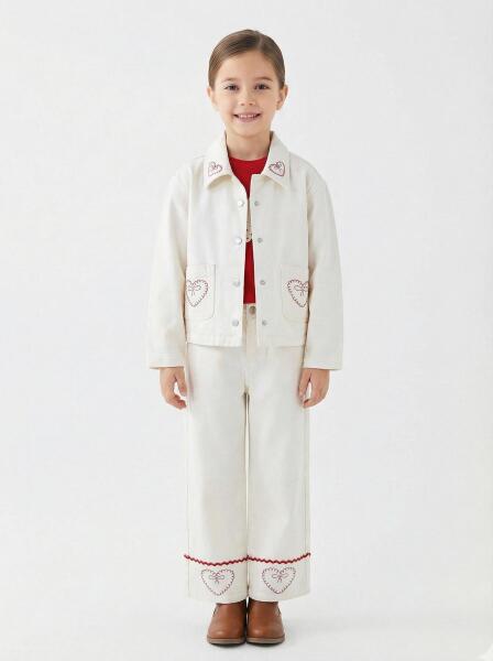 Kız Çocuk 3'lü Alt Üst Kombin Takmı 4-13 Yaş SET0479 Krem - ESCABEL