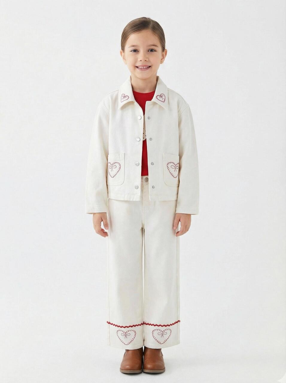 Kız Çocuk 3'lü Alt Üst Kombin Takmı 4-13 Yaş SET0479 Krem - 1