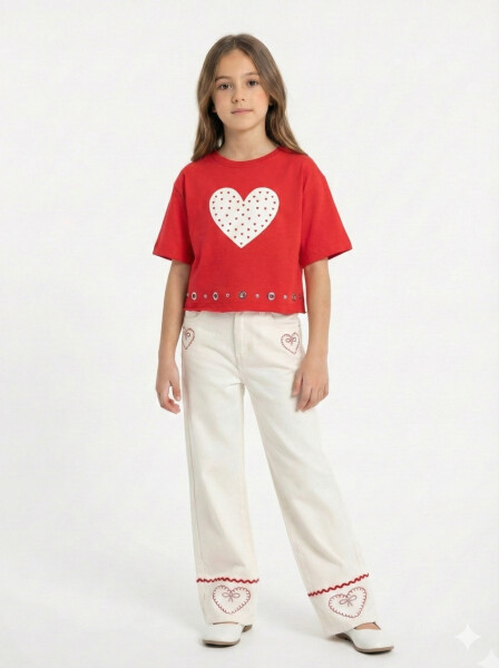 Kız Çocuk 3'lü Alt Üst Kombin Takmı 4-13 Yaş SET0479 Krem - 5