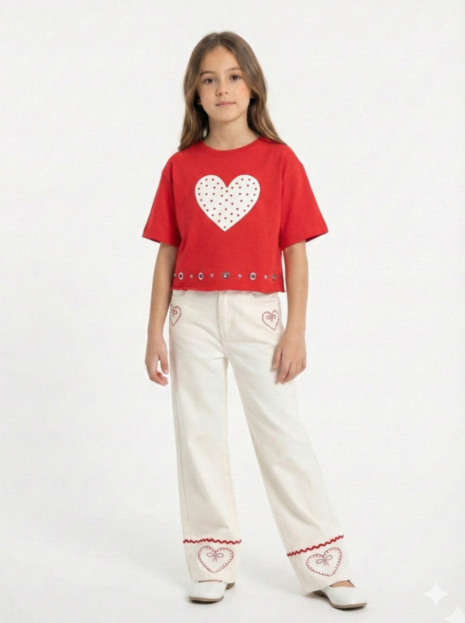 Kız Çocuk 3'lü Alt Üst Kombin Takmı 4-13 Yaş SET0479 Krem - 5