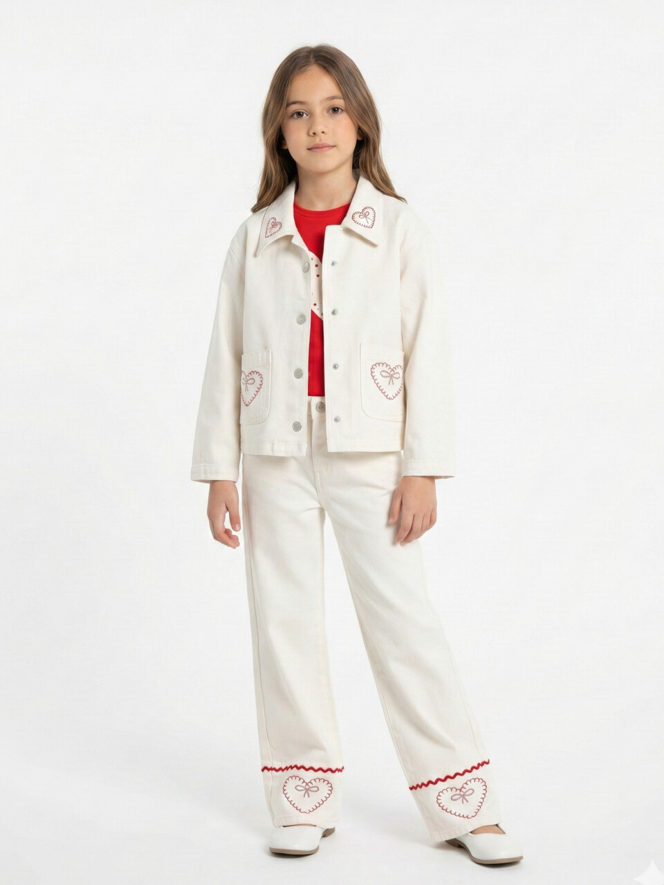 Kız Çocuk 3'lü Alt Üst Kombin Takmı 4-13 Yaş SET0479 Krem - 7