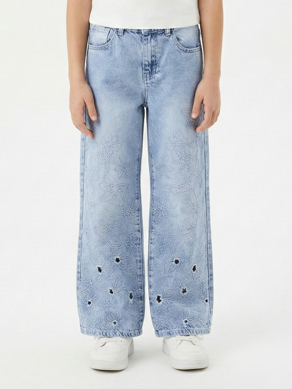 Kız Çocuk Çiçek Nakışlı jean Pantolon 4-13 Yaş 26164 Mavi - 1