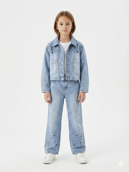 Kız Çocuk 3'lü Alt Üst Kombin Takmı 5-13 Yaş SET0480 Mavi - 1