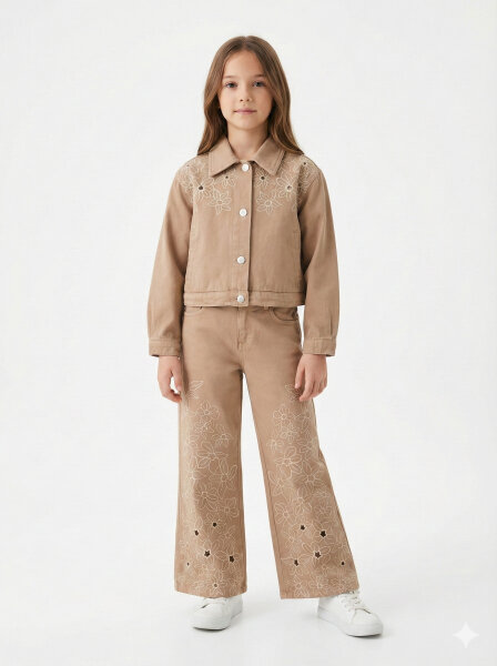 Kız Çocuk 2'li Alt Üst Takım (Ceket + Pantolon) 10-14 Yaş 26181 Kahverengi 