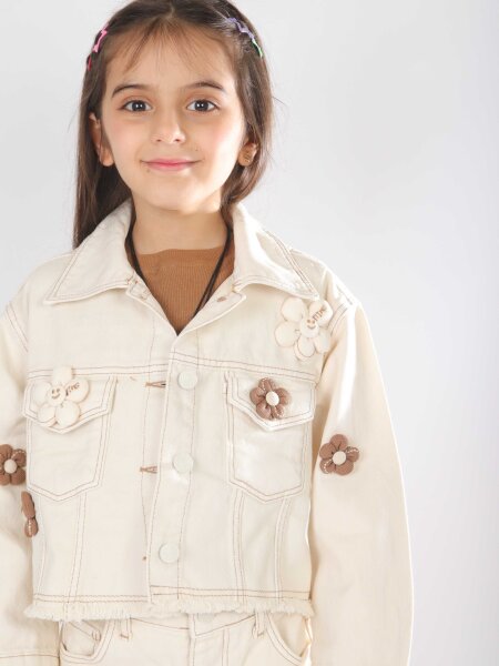 Kız Çocuk 2'li (Ceket + Pantolon) Alt Üst Takım 4-13 Yaş 2676 Krem - 5