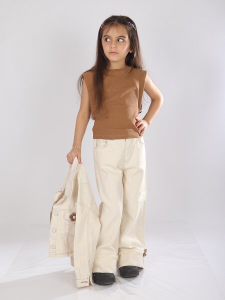 Kız Çocuk 2'li (Ceket + Pantolon) Alt Üst Takım 4-13 Yaş 2676 Krem - 2