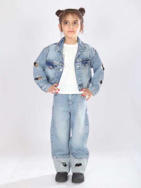 Kız Çocuk 3'lü Jean Alt Üst Kombin Takmı 5-13 Yaş SET0474 Mavi - ESCABEL