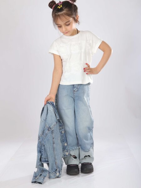 Kız Çocuk 3'lü Jean Alt Üst Kombin Takmı 5-13 Yaş SET0474 Mavi - 4