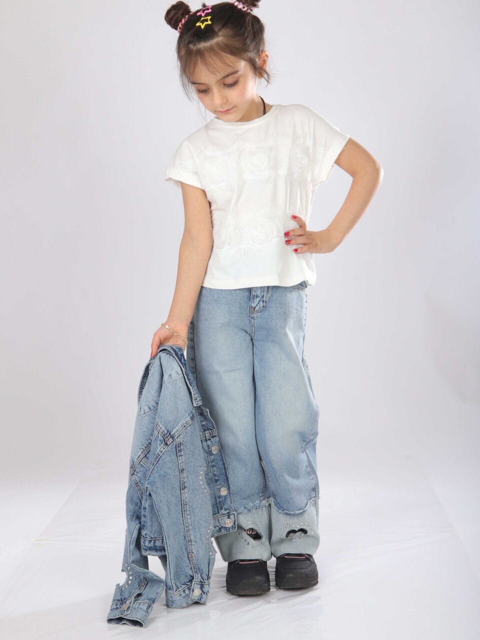 Kız Çocuk 3'lü Jean Alt Üst Kombin Takmı 5-13 Yaş SET0474 Mavi - 4