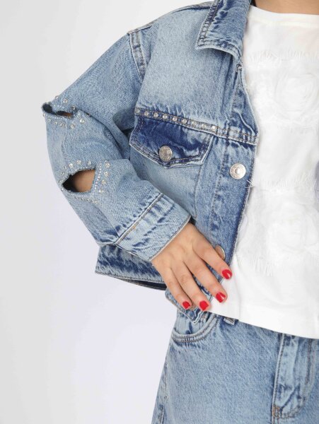 Kız Çocuk 3'lü Jean Alt Üst Kombin Takmı 5-13 Yaş SET0474 Mavi - 8