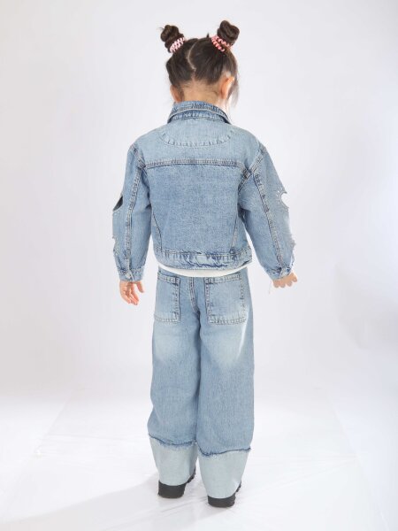 Kız Çocuk 3'lü Jean Alt Üst Kombin Takmı 5-13 Yaş SET0474 Mavi - 3