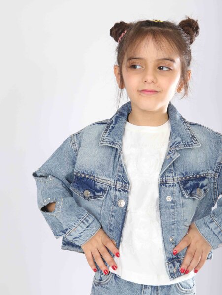 Kız Çocuk 3'lü Jean Alt Üst Kombin Takmı 5-13 Yaş SET0474 Mavi - 6