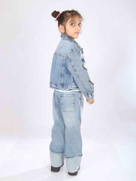 Kız Çocuk 3'lü Jean Alt Üst Kombin Takmı 5-13 Yaş SET0474 Mavi - 9