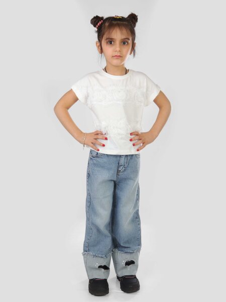 Kız Çocuk 3'lü Jean Alt Üst Kombin Takmı 5-13 Yaş SET0474 Mavi - 10