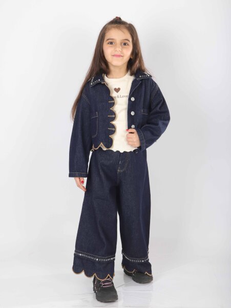 Kız Çocuk 3'lü Alt Üst Kombin Takmı 5-14 Yaş SET0477 Mavi - ESCABEL