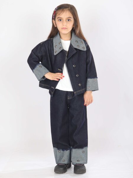 Kız Çocuk 3'lü Alt Üst Kombin Takmı 4-13 Yaş SET0478 Mavi - ESCABEL