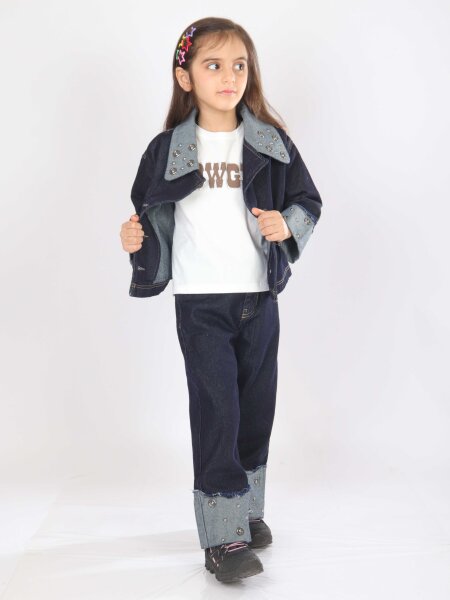 Kız Çocuk 3'lü Alt Üst Kombin Takmı 4-13 Yaş SET0478 Mavi - 5