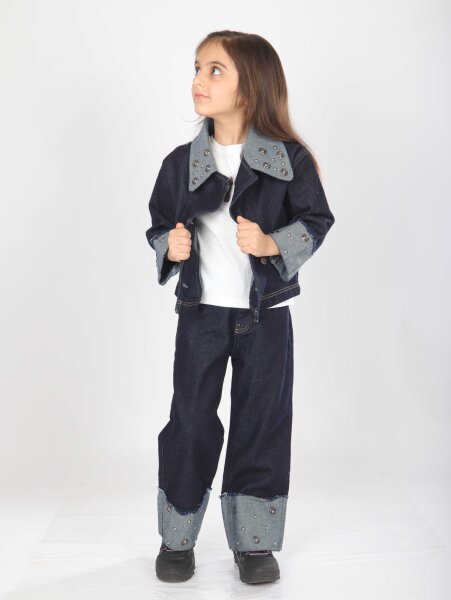 Kız Çocuk 3'lü Alt Üst Kombin Takmı 4-13 Yaş SET0478 Mavi - 7