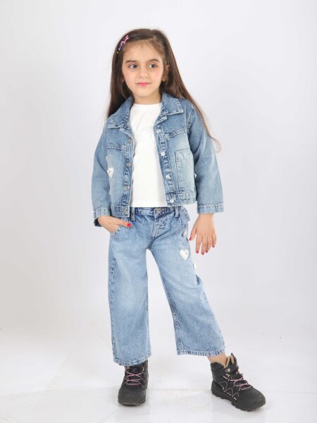 Kız Çocuk 3'lü Alt Üst Jean Takmı 1-4 Yaş SET0481 Mavi - ESCABEL