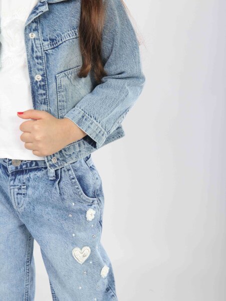 Kız Çocuk 3'lü Alt Üst Jean Takmı 1-4 Yaş SET0481 Mavi - 5