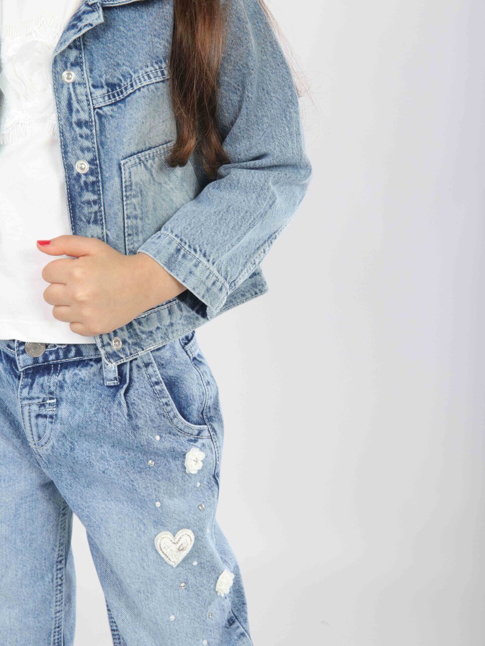 Kız Çocuk 3'lü Alt Üst Jean Takmı 1-4 Yaş SET0481 Mavi - 5