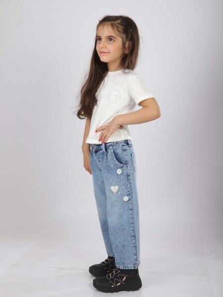 Kız Çocuk 3'lü Alt Üst Jean Takmı 1-4 Yaş SET0481 Mavi - 9