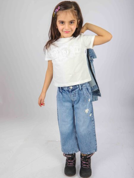 Kız Çocuk 3'lü Alt Üst Jean Takmı 1-4 Yaş SET0481 Mavi - 11