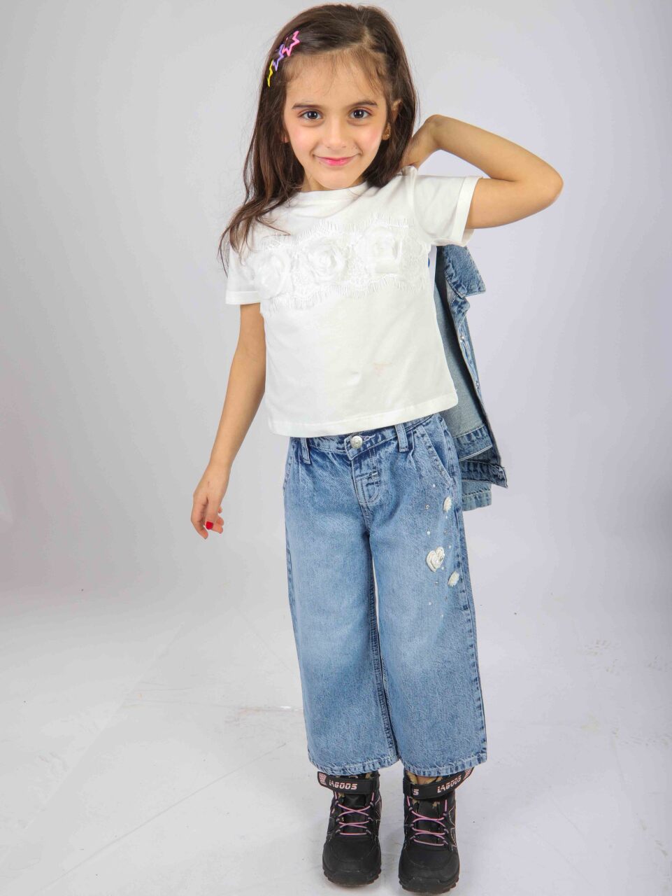 Kız Çocuk 3'lü Alt Üst Jean Takmı 1-4 Yaş SET0481 Mavi - 11