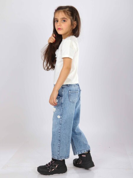 Kız Çocuk 3'lü Alt Üst Jean Takmı 1-4 Yaş SET0481 Mavi - 13