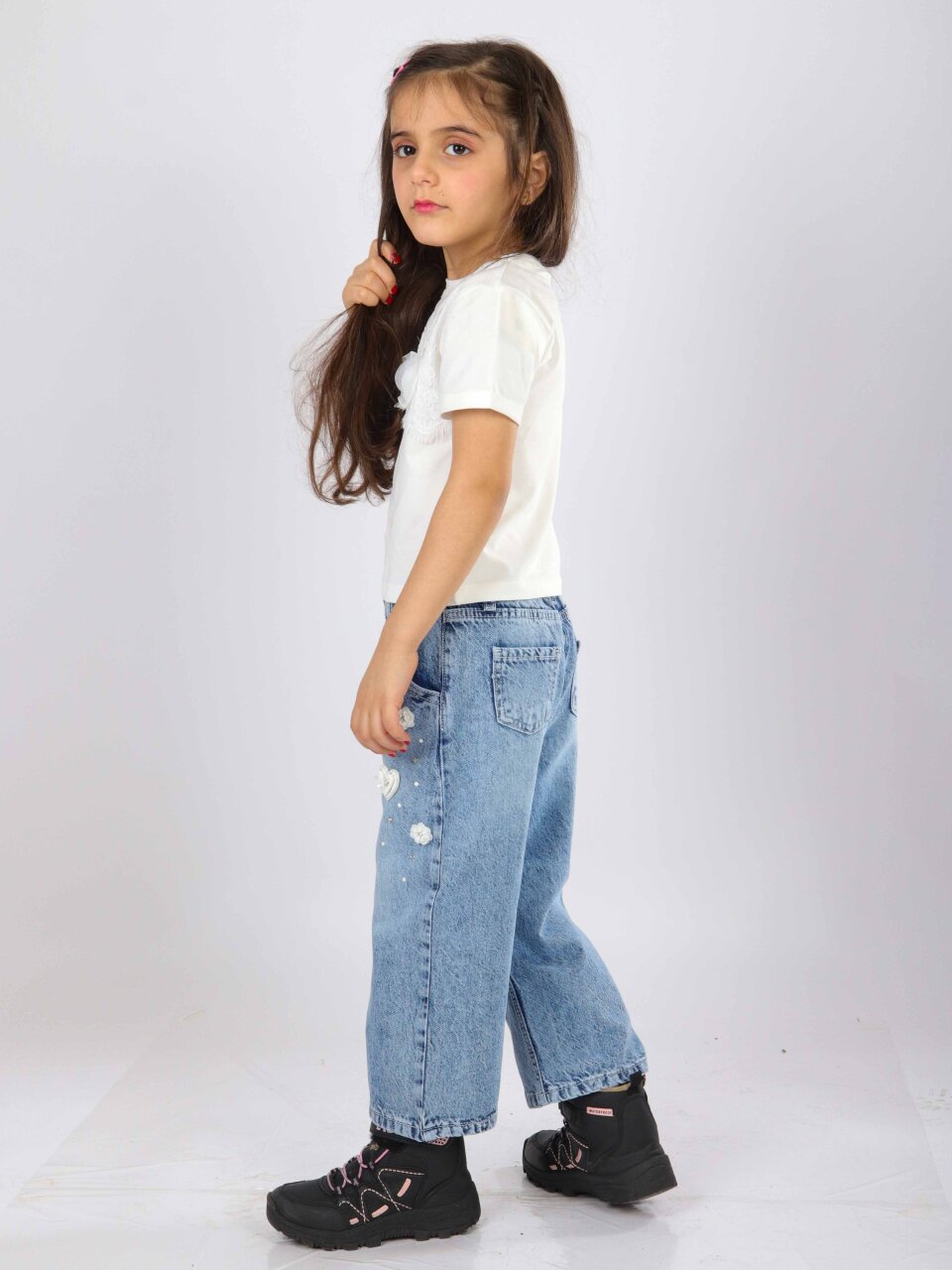 Kız Çocuk 3'lü Alt Üst Jean Takmı 1-4 Yaş SET0481 Mavi - 13