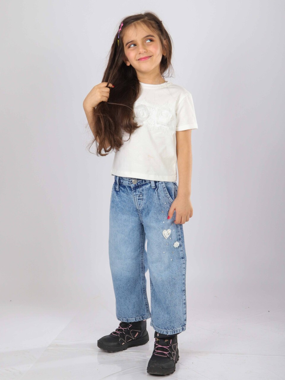 Kız Çocuk 3'lü Alt Üst Jean Takmı 1-4 Yaş SET0481 Mavi - 14