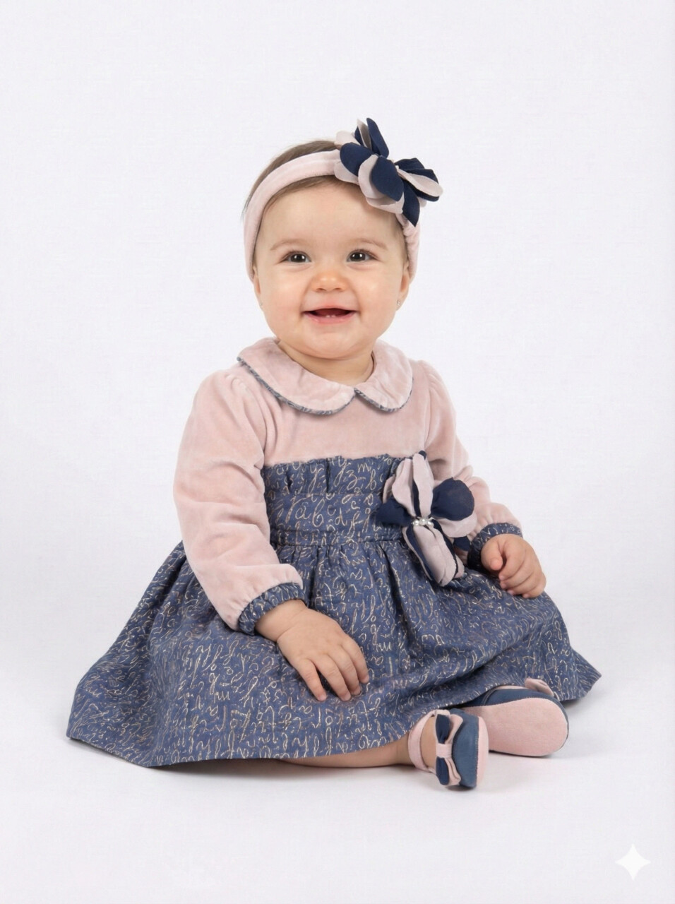 Kız Çocuk Elbise 6-36 Ay 9071 Bej - Lacivert - 1