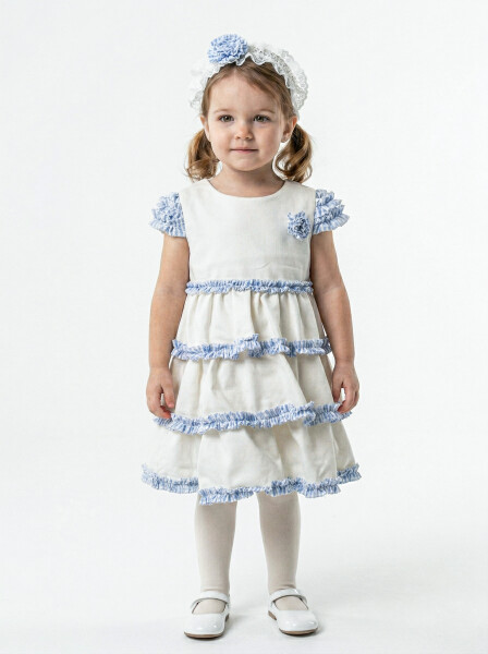 Kız Çocuk Yazlık Elbise 6-36 Ay 9085 Ekru - Mavi - 1