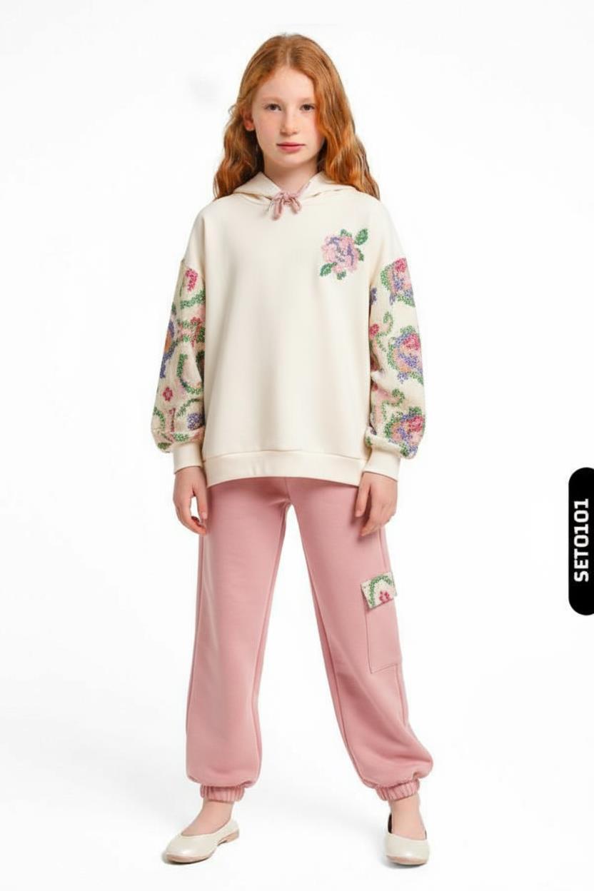 Kız Çocuk Eşofman Takım 10-16 Yaş 7435 Ekru - Pembe - 1