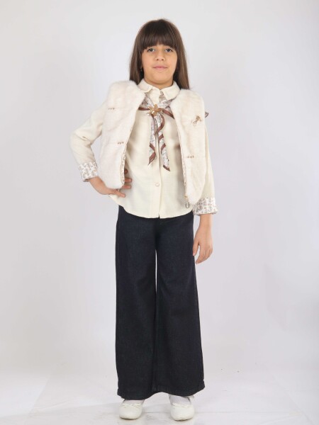 Kız Çocuk 3'lu Alt Üst Takım 11-14 Yaş 4904 Ekru - Hamada Tex