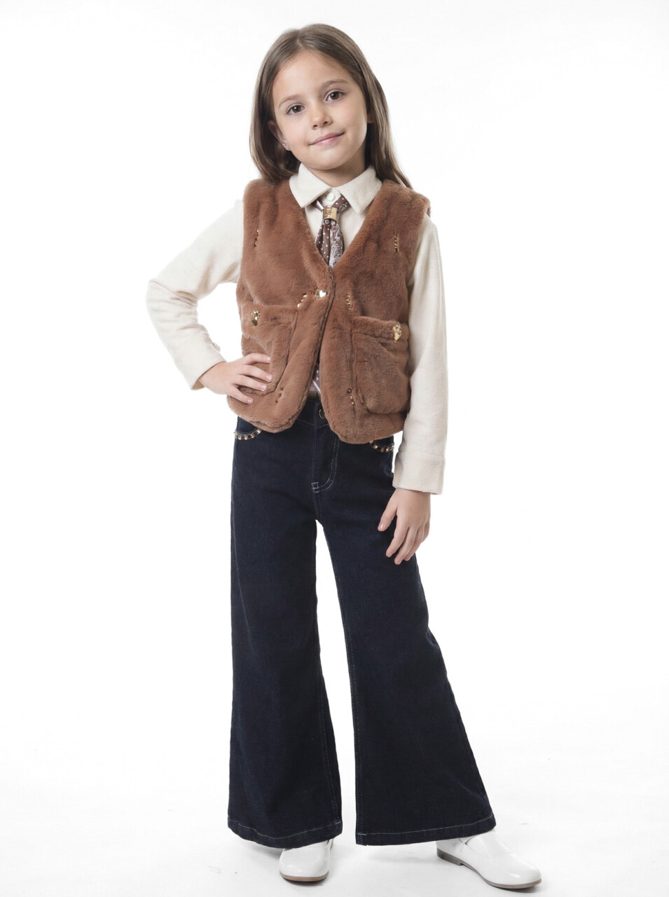 Kız Çocuk Folarlı 3'lu Alt Üst Takım 7-14 Yaş 3953-4953 Kahverengi - 1