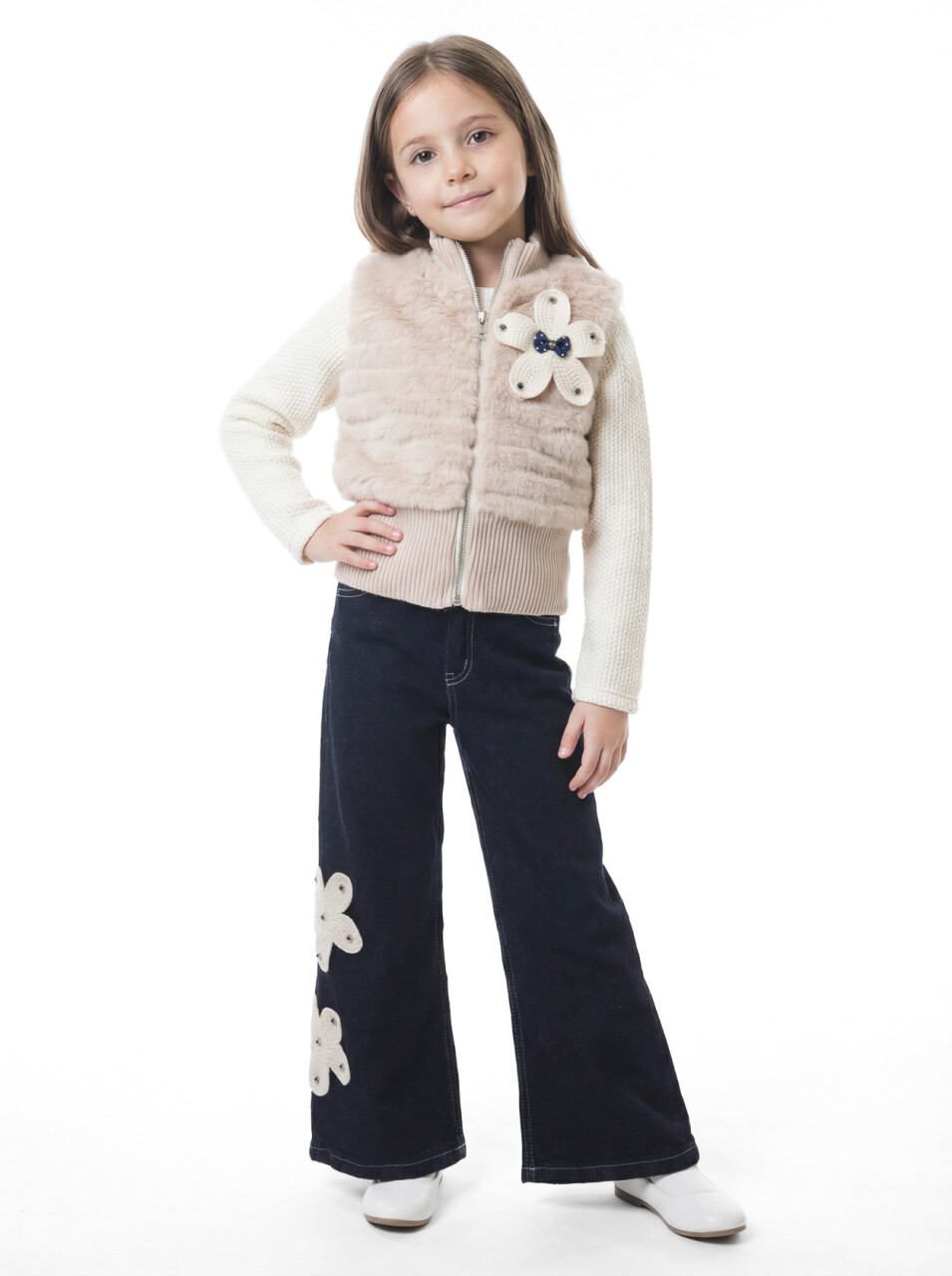 Kız Çocuk Folarlı 3'lu Alt Üst Takım 7-14 Yaş 3907-4907 Ekru - 1