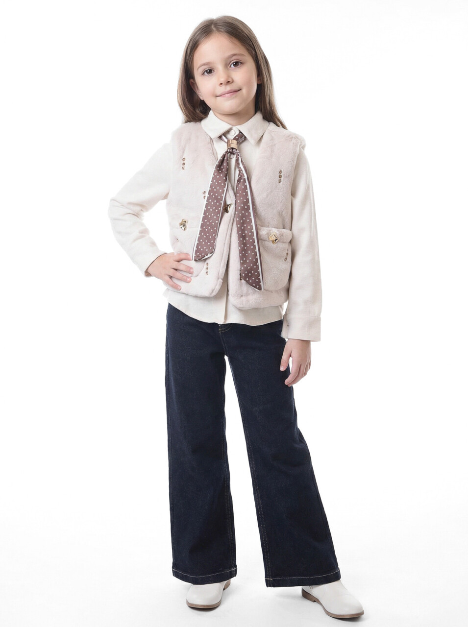 Kız Çocuk Folarlı 3'lu Alt Üst Takım 7-14 Yaş 3953-4953 Ekru - 1