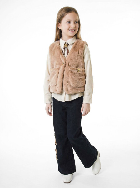 Kız Çocuk Folarlı 3'lu Alt Üst Takım 7-14 Yaş 3907-4907 Bej - Hamada Tex