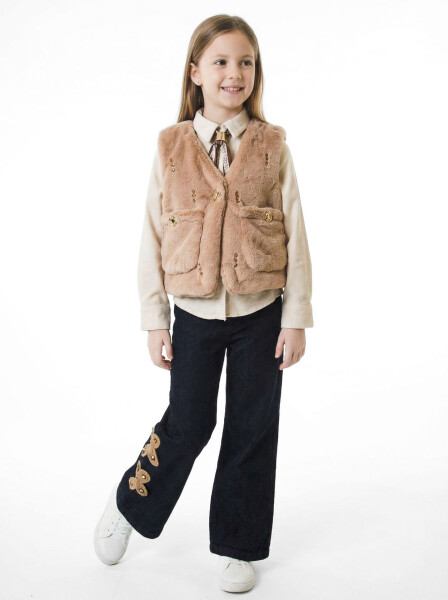 Kız Çocuk Folarlı 3'lu Alt Üst Takım 7-14 Yaş 3953-4953 Bej - 2