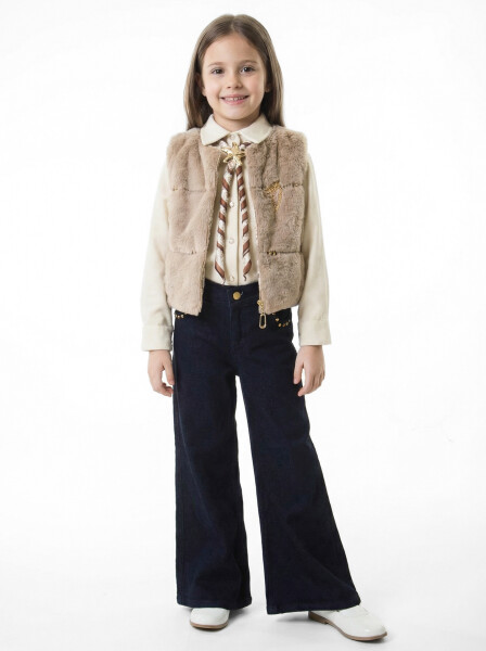 Kız Çocuk 3'lu Alt Üst Takım 7-14 Yaş 3904-4904 Vizon - Hamada Tex