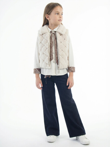 Kız Çocuk 3'lu Alt Üst Takım 7-14 Yaş 3958-4958 Ekru - Hamada Tex