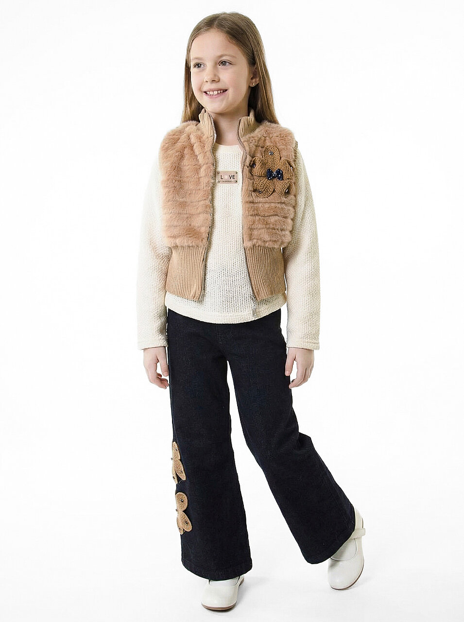 Kız Çocuk Folarlı 3'lu Alt Üst Takım 7-14 Yaş 3907-4907 Bej - 1