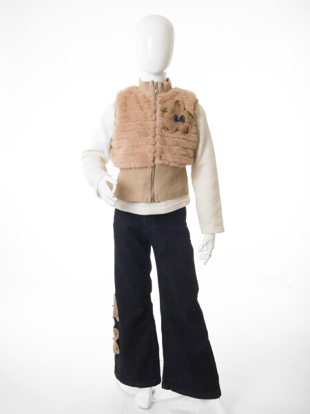 Kız Çocuk Folarlı 3'lu Alt Üst Takım 7-14 Yaş 3907-4907 Bej - 5