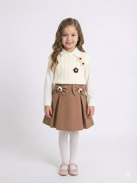 Kız Çocuk Etek Takım 3-7 Yaş 30041 Ekru - Hamada Tex