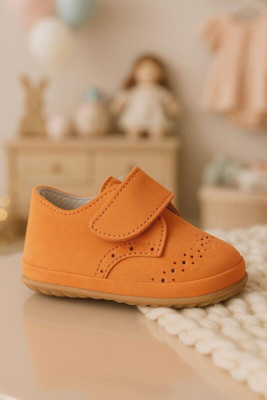 Genuine Leather Orange Velcro Baby Bootie Shoes - hapshoe kids